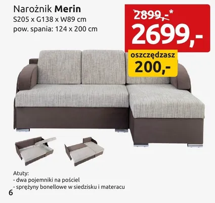 Narożnik Merin S205xG138xW89cm pow. spania 124x200cm promocja w Black Red White