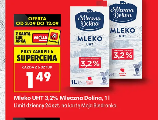 Mleko UHT Mleczna Dolina 3,2% promocja w Biedronka