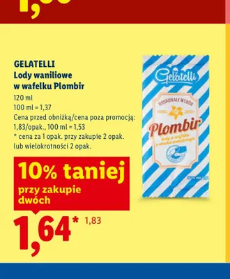 Lody waniliowe w wafelku Plombir Gelatelli promocja w Lidl