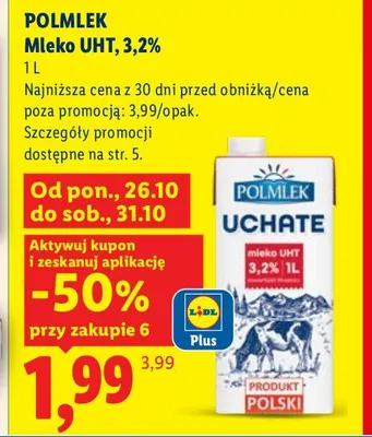 Mleko UHT Polmlek Uchate 3,2% promocja w Lidl