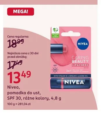 Pomadka do ust Nivea Caring Beauty SPF 30 promocja w Rossmann