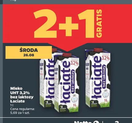 Mleko UHT bez laktozy Łaciate 3,2% promocja w Netto