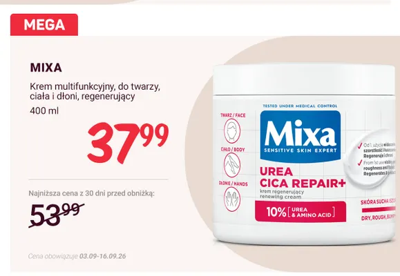 Krem multifunkcyjny do twarzy ciała i dłoni regenerujący Mixa promocja w Rossmann