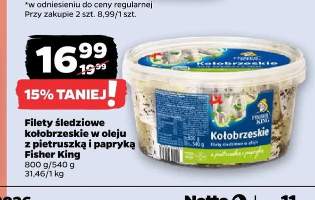 Filety śledziowe kołobrzeskie w oleju z pietruszką i papryką Fisher King promocja w Netto