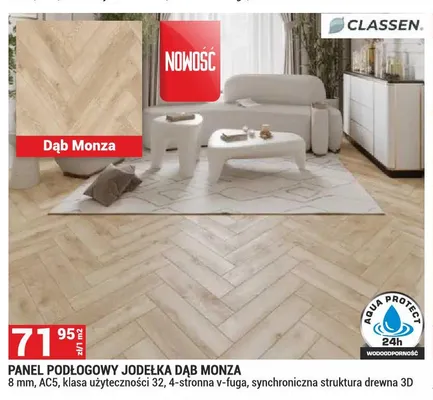 Panel podłogowy jodełka Dąb Monza 8mm, AC5, klasa użyteczności 32,4-stronna v-fuga, synchroniczna struktura drewna 3D promocja w Merkury Market