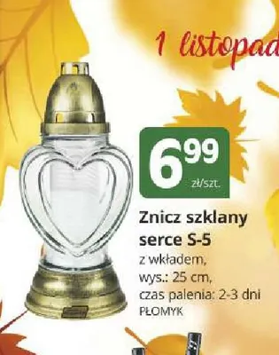 Znicz szklany serce S-5 Płomyk promocja w Marketvita