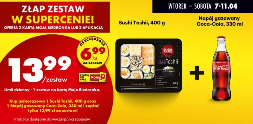 Zestaw: sushi Toshii, 400 g + napój gazowany Coca-Cola promocja w Biedronka