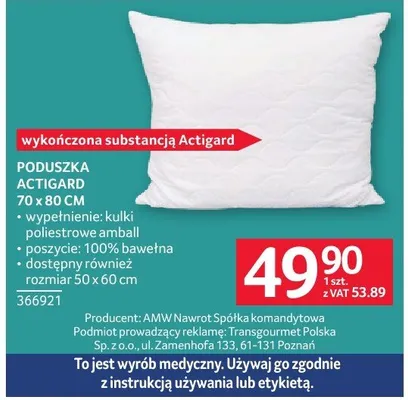 Poduszka Actigard 70 x 80 cm promocja w Selgros