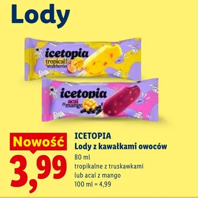 Lody z kawałkami owoców tropikalne z truskawkami lub acai z mango promocja w Lidl