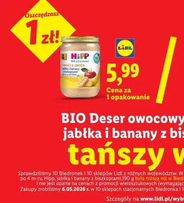 BIO Deser owocowy po 4m-cu jabłka i banany z biszkoptami Hipp promocja w Lidl