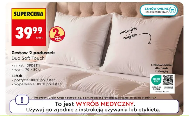 Zestaw 2 poduszek Duo Soft Touch 70x80 cm promocja w Biedronka