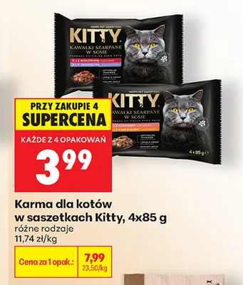 Karma dla kotów w saszetkach kawałki szarpane w sosie z wołowiną i z jagnięciną Kitty 4-pak promocja w Biedronka