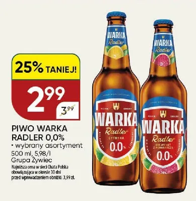 Piwo Warka Radler 0,0% promocja w Chata Polska