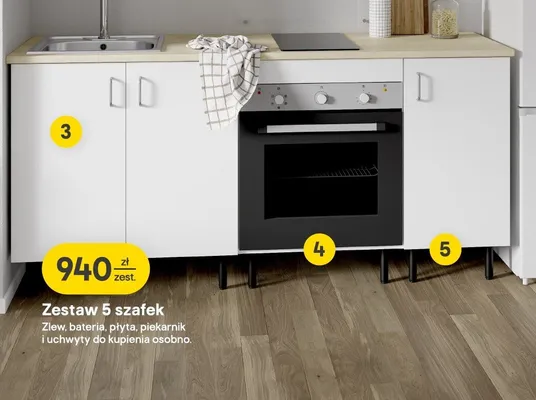 Zestaw 5 szafek zlew, bateria, płyta, piekarnik i uchwyty do kupienia osobno promocja w Castorama