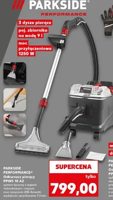 Odkurzacz piorący Parkside Performance PPWS 10 A2 system łączony z wężem natryskowym i ssącym moc zasysania 200 Airwatt wydajność spryskiwania 1l/min 3 dysze piorące poj. zbiornika na wodę 9l moc przyłączeniowa 1250W promocja w Kaufland
