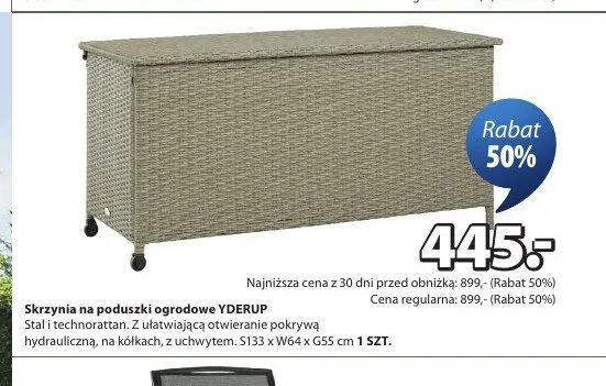 Skrzynia na poduszki ogrodowe YDERUP Stal i technorattan Z ułatwiającą otwieranie pokrywą hydrauliczną, na kółkach, z uchwytem S133xW64xG55cm promocja w Jysk
