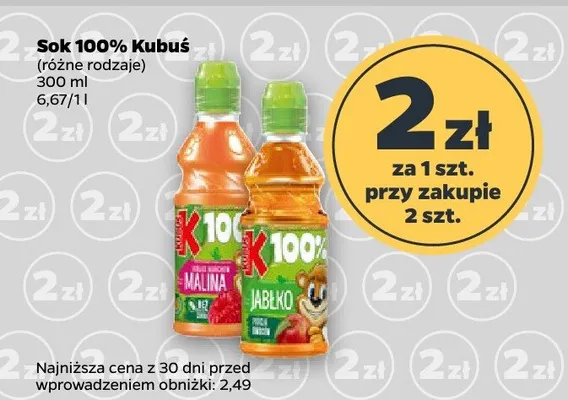 Sok 100% różne rodzaje Kubuś promocja w Netto