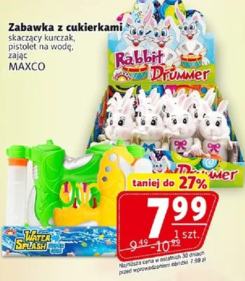 Zabawka z cukierkami skaczący kurczak, pistolet na wodę, zając promocja w Prim Market