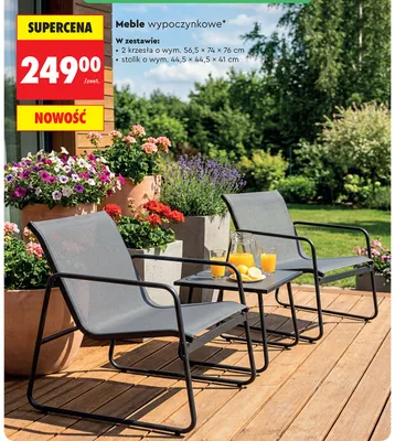 Meble wypoczynkowe w zestawie 2 krzesła o wym. 56,5x74x76cm stolik o wym. 44,5x44,5x41cm promocja w Biedronka
