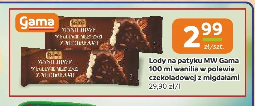 Lody na patyku MW Gama wanilia w polewie czekoladowej z migdałami promocja w Gama