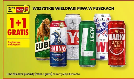 Wszystkie wielopaki piwa w puszkach 1+1 GRATIS promocja w Biedronka