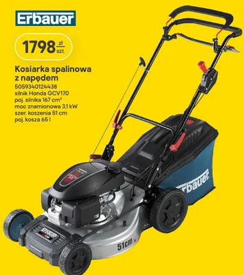 Kosiarka spalinowa z napędem Erbauer silnik Honda GCV170 poj. silnika 167cm3 moc znamionowa 3,1kW szer. koszenia 51cm poj. kosza 65l promocja w Castorama