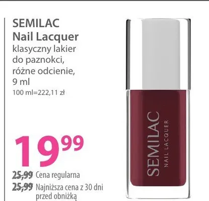 Lakier Semilac Nail Lacquer klasyczny lakier do paznokci różne odcienie 9 ml promocja w Hebe