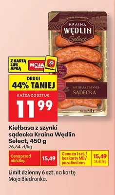 Kiełbasa z szynki sądecka Kraina Wędlin Select promocja w Biedronka