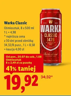 Piwo Warka Classic 8-pak 500 ml promocja w Lidl