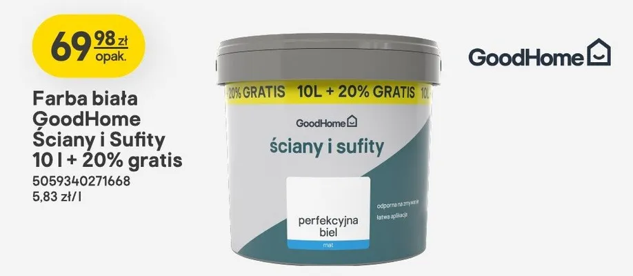 Farba biała Ściany i Sufity 10l + 20% gratis promocja w Castorama