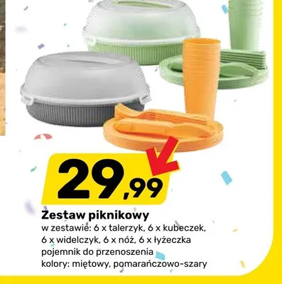 Zestaw piknikowy 6x talerzyk 6x kubeczek 6x widelczyk 6x nóż 6x łyżeczka pojemnik do przenoszenia promocja w Bricomarche