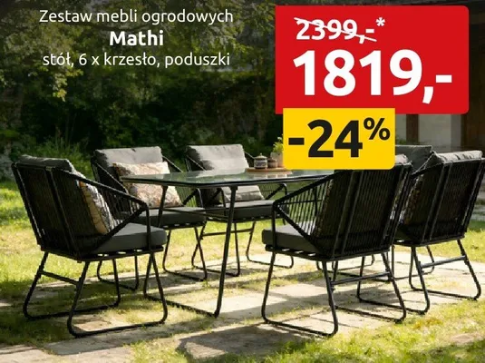 Zestaw mebli ogrodowych Mathi stół 6x krzesło poduszki promocja w Black Red White