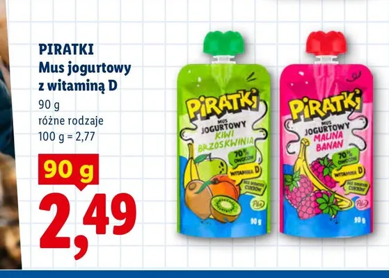 Mus jogurtowy z witaminą D Piratki malina banan promocja w Lidl