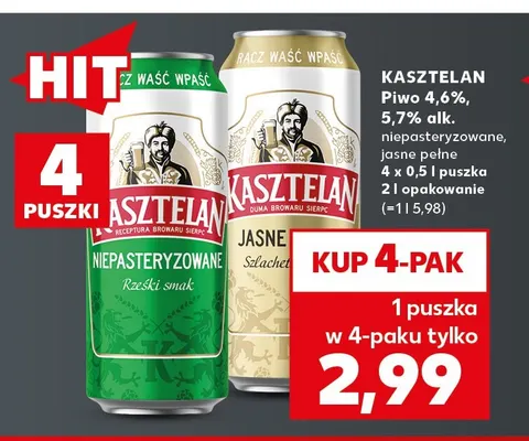 Piwo Kasztelan niepasteryzowane 4,6% 4-pak promocja w Kaufland