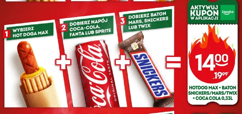 Zestaw Hot Dog Max + baton Snickers/Mars/Twix + Coca-Cola 0,33 l promocja w Żabka