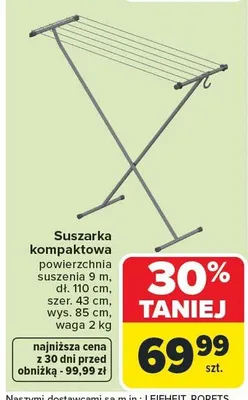 Suszarka kompaktowa powierzchnia suszenia 9 m, dł. 110 cm, szer. 43 cm, wys. 85 cm, waga 2 kg promocja w Carrefour