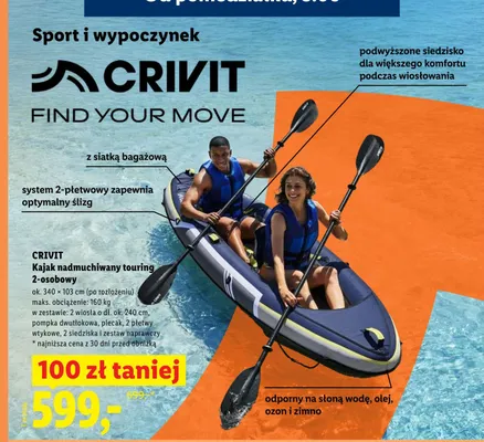 Kajak nadmuchiwany touring 2-osobowy CRIVIT promocja w Lidl