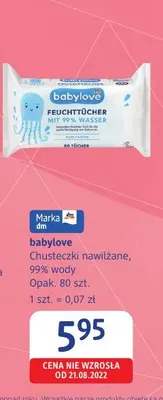 Chusteczki nawilżane 99% wody babylove promocja w Drogerie DM