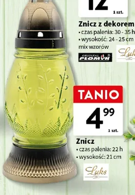 Znicz z dekorem czas palenia 30-35h wysokość 24-25cm mix wzorów promocja w Intermarche