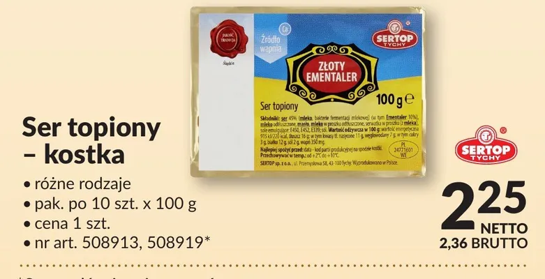 Ser topiony kostka Sertop Złoty Ementaler różne rodzaje pak. po 10szt. nr art. 508913,508919 promocja w Makro