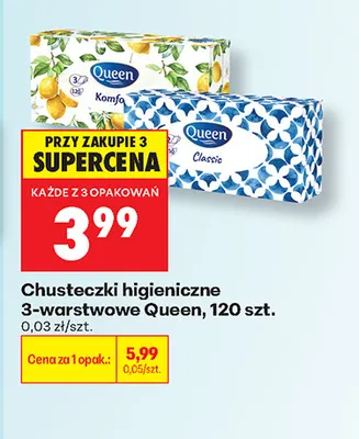 Chusteczki higieniczne 3-warstwowe Queen promocja w Biedronka