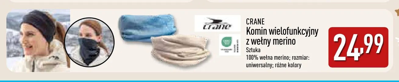 Komin wielofunkcyjny z wełny merino Crane promocja w Aldi