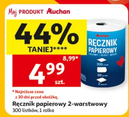 Ręcznik papierowy 2-warstwowy 300 listków, 1 rolka promocja w Auchan