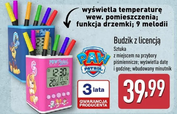 Budzik z licencją Paw Patrol promocja w Aldi
