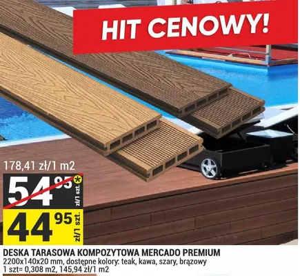 Deska tarasowa kompozytowa Mercado Premium 2200x140x20mm kolory teak kawa szary brązowy promocja w Merkury Market