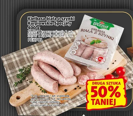 Kiełbasa biała z szynki Kurpiowskie Specjały Pekpol promocja w Prim Market