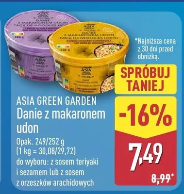 Danie z makaronem udon do wyboru: z sosem teriyaki i sezamem lub sosem z orzeszków arachidowych promocja w Aldi