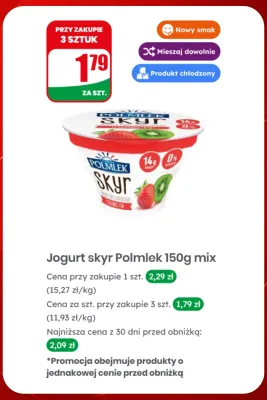 Jogurt skyr Polmlek truskawka i kiwi promocja w Dino