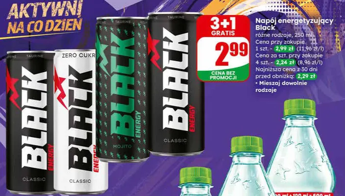 Napój energetyzujący Black różne rodzaje promocja w Dino