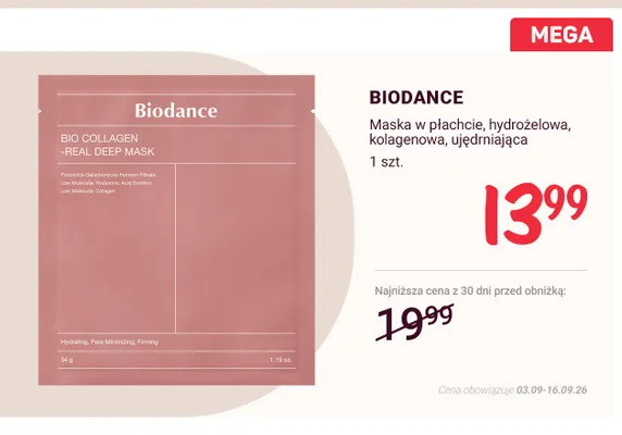 Maska w płachcie hydrożelowa kolagenowa ujędrniająca Biodance promocja w Rossmann